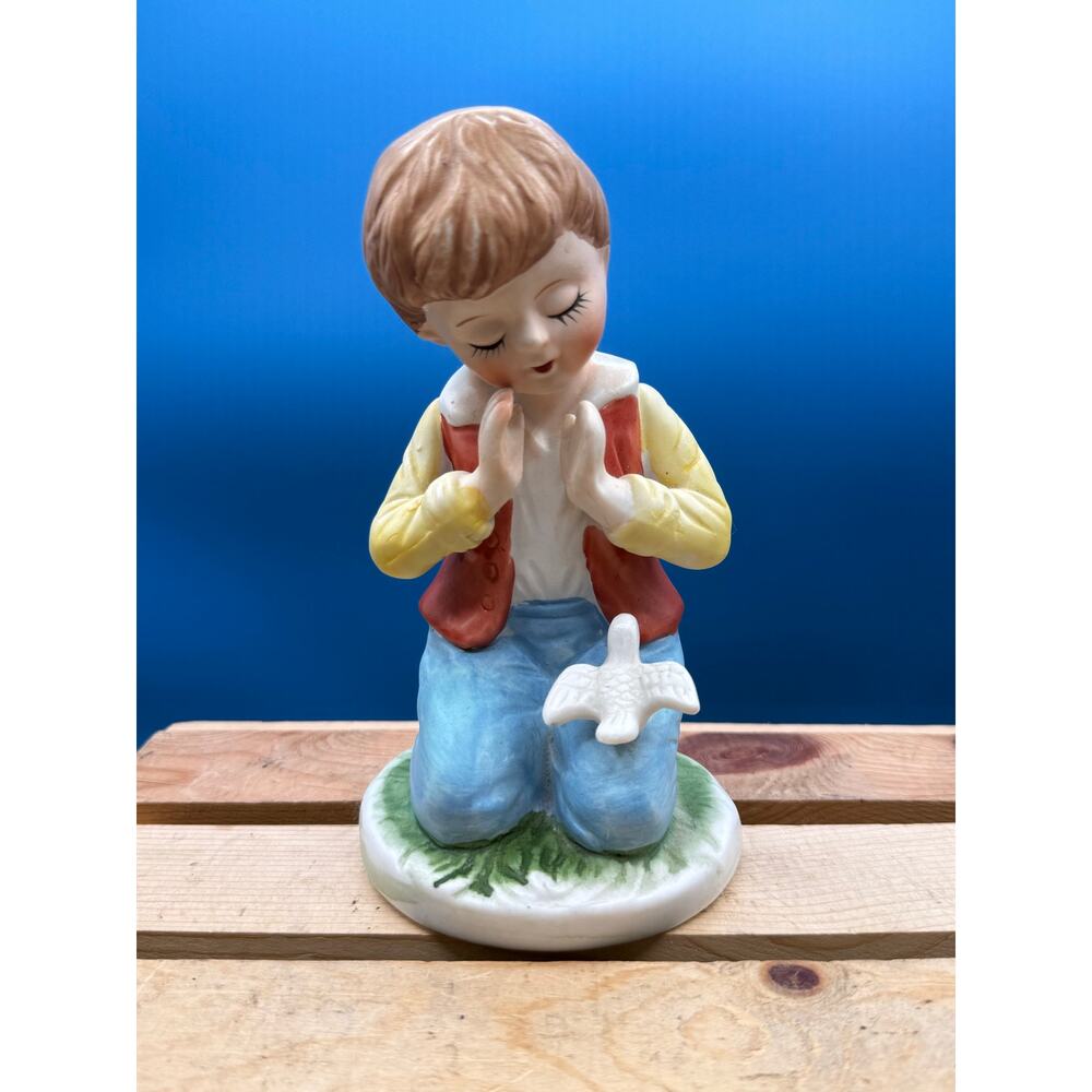 Vintage Sophia-Ann Kneeling Boy Praying Figurine with Dove - Hand Painted Bisque
